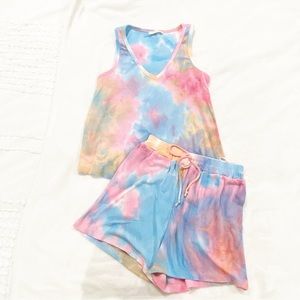 Pink Blue Orange Sunset Tie Dye Tank and Shorts Pajama Lounge Set S